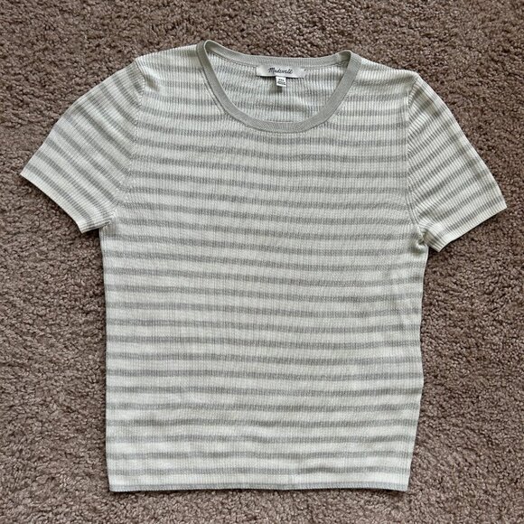 Madewell Monument White Gray Striped Micro-Rib Sweater Tee Size XXS - Picture 5 of 10